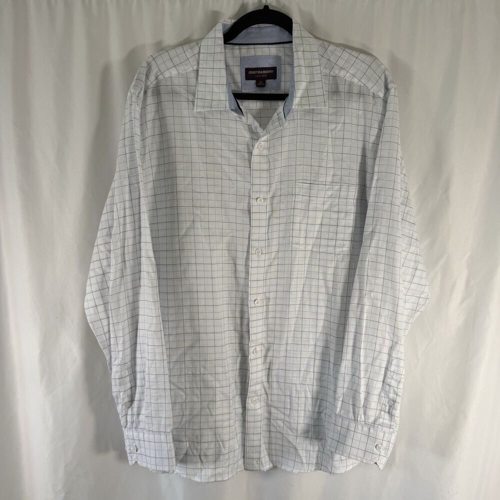 Johnston & Murphy Dress Shirt Men's XL White Blue Plaid Button Up Long Sleeve